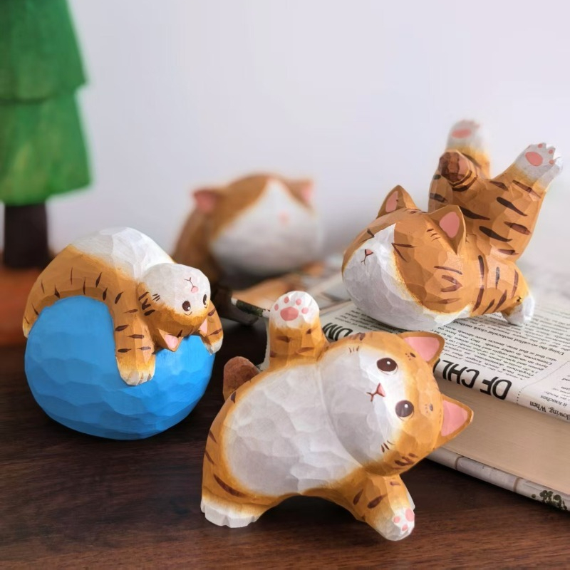 Kids Yoga Toys - El yapımı Ahşap Kedi Figürü Sevimli